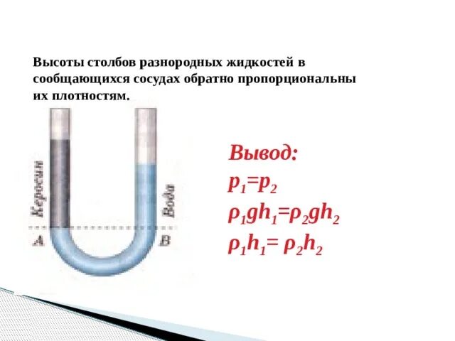 Высота столба жидкости в сообщающихся сосудах. Разнородные жидкости в сообщающихся сосудах. Колено сообщающихся сосудов. Сообщающиеся сосуды с разными жидкостями. Условие равновесия жидкости в сообщающихся сосудах