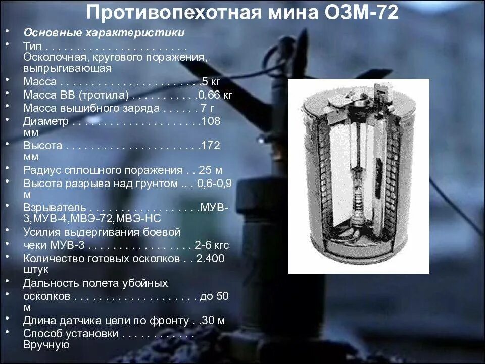 Противопехотная осколочная мина ОЗМ-72. ТТХ противопехотной мины ОЗМ-72. Радиус сплошного поражения мины ОЗМ-72. Мина ОЗМ-72 характеристики. 1 мина вес