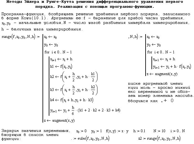 Метод Эйлера для решения дифференциальных уравнений. Метод Эйлера и метод Рунге Кутта. Устойчивость метода Эйлера Коши. Метод Рунге в маткаде.