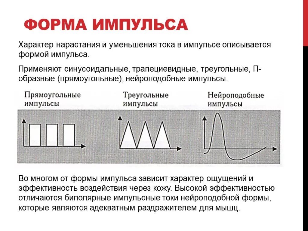 Нарастание тока. Формы импульсов импульсного тока. Формы импульсного тока в физиотерапии. Форма импульсов форма тока однополярный. Основные характеристики импульсного тока.