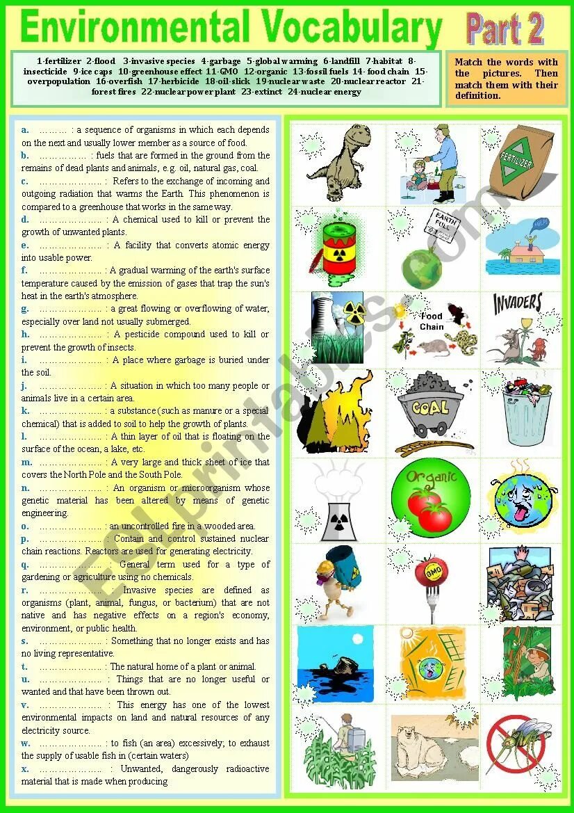 Envoronmental Vocabulaty Part 1 ответ. Environment problems Worksheets. Лексика по теме environment. Воркшит the environment for Kids. Ecology vocabulary