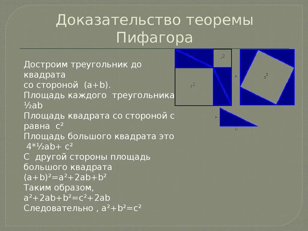 Теорема Пифагора доказательства для 8. Доказательство теоремы Пифагора 8 класс. Теорема Пифагора площадь большого квадрата. Доказательство теоремы Пифагора через квадрат.