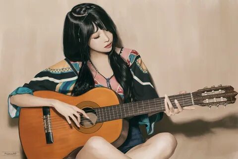 Desktop HD wallpaper: Guitar, Model, Women, Asian, Black Hair, Lipstick fre...