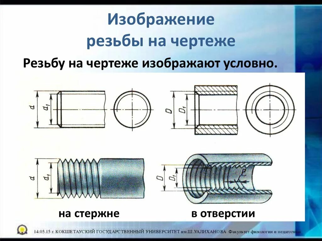 Резьба правая гост. Обозначение внутренней резьбы на чертеже. Внутренняя метрическая резьба на чертеже. Как обозначается отверстие с резьбой на чертеже. Как обозначается резьбовое соединение на чертеже.