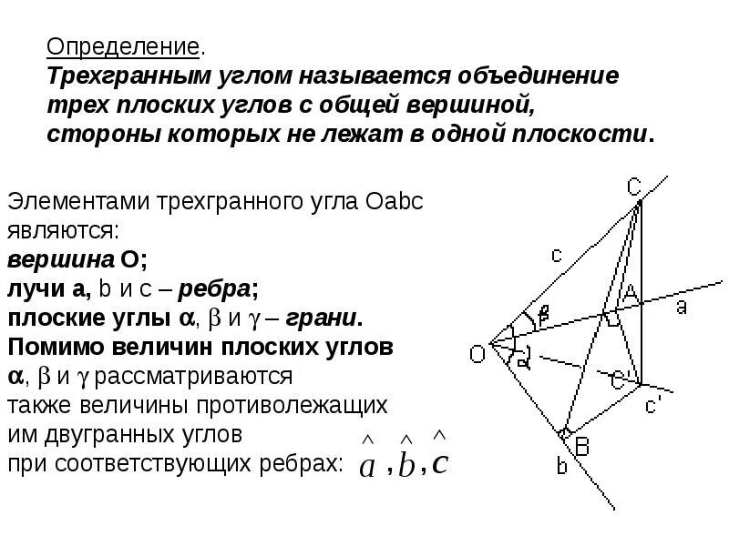 Трехгранный угол 10 класс конспект. Плоские углы трехгранного угла. Трехгранный угол теорема. Трехгранный угол презентация. Теорема пифагора для трехгранного угла