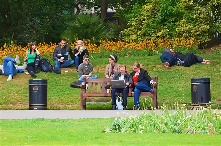 People in English Parks. Describe the picture in the Park. Photos to describe. Speaking English in the Park.