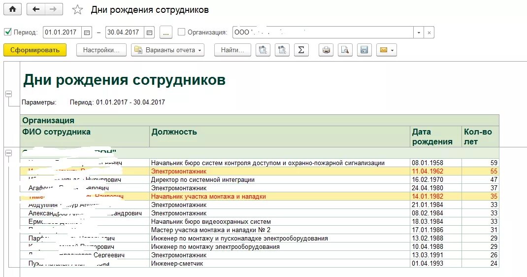 Даты рождения список сотрудников. С днём рождения сотруднику 1с. Отчет на день рождения. Отчет по дням рождениям сотрудников. Отчет по дням рождения сотрудников в 1с ЗУП.