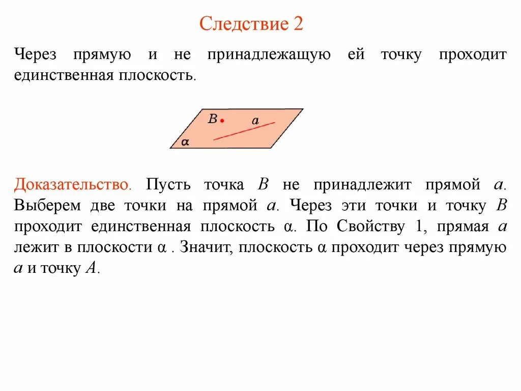 Докажите что через прямую можно провести. Следствия из аксиом стереометрии. Если две точки прямой принадлежат плоскости то прямая. Через прямую и не принадлежащую ей точку проходит. Плоскость проходит через точку.