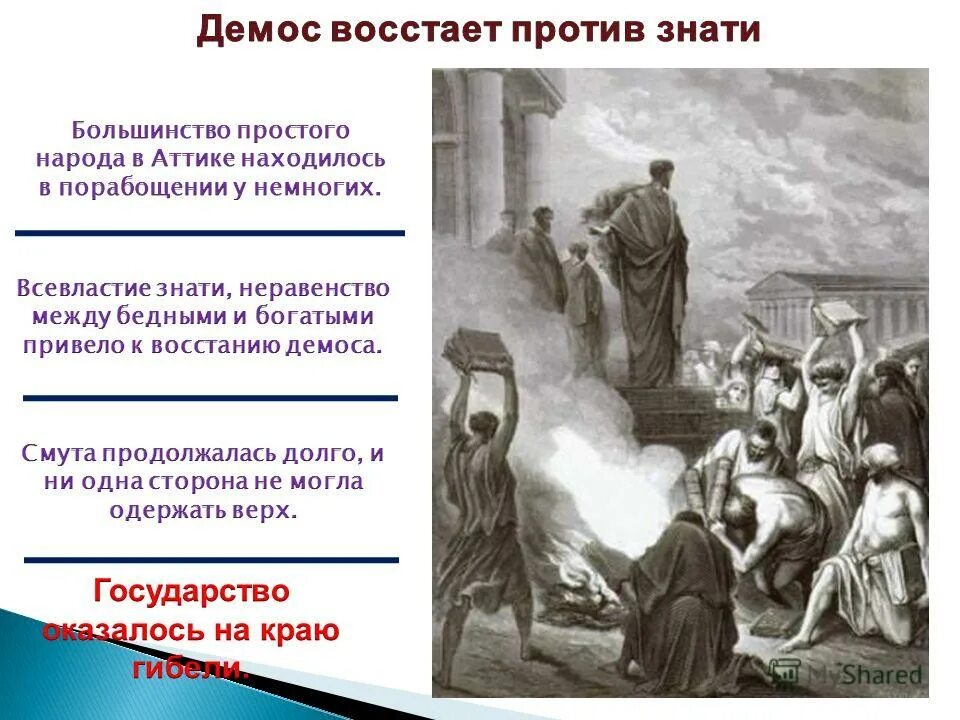 Став во главе управления солон освободил народ. Зарождение Афинской демократии. Восстание демоса в Афинах. Демократия в Афинах. Демос восстает против знати.