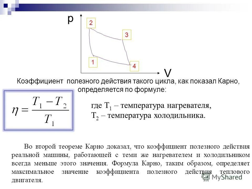 Кпд идеальной тепловой машины равно 40. КПД цикла Карно для идеального газа. Коэффициент полезного действия цикла Карно для идеального газа. Коэффициент полезного действия цикла Карно формула. КПД тепловой машины цикл Карно формула.