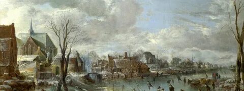 Download wallpaper landscape, home, picture, Frozen River near a Village, Art va