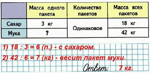 Масса четырех пакетов. Составь задачу по таблице. Составьте задачу по таблице и решите её. Составь и реши задачу по таблице. Составь по таблице задачу и решите ее.