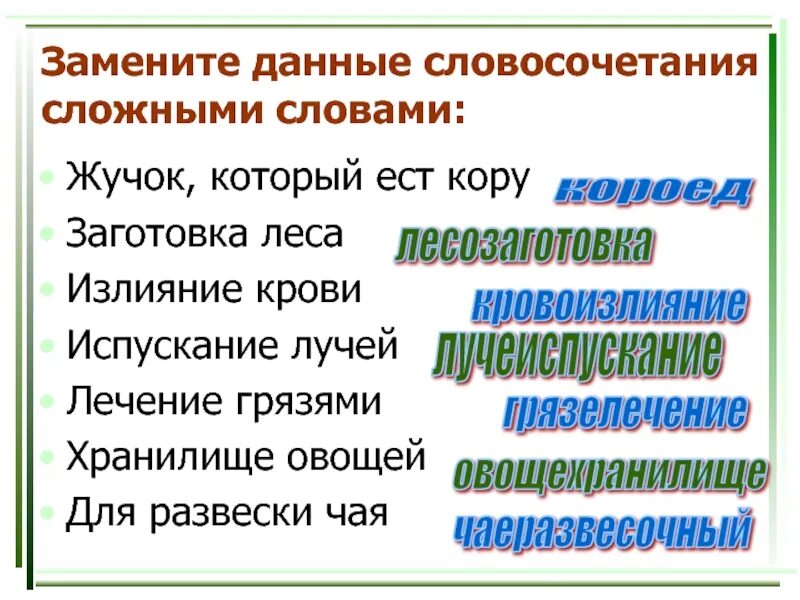 Замените словосочетание сложным словом. Хранилище для овощей сложное слово. Сложные словосочетания. Жучок который ест кору заменить сложным словом. Замените словосочетание одним сложным словом.