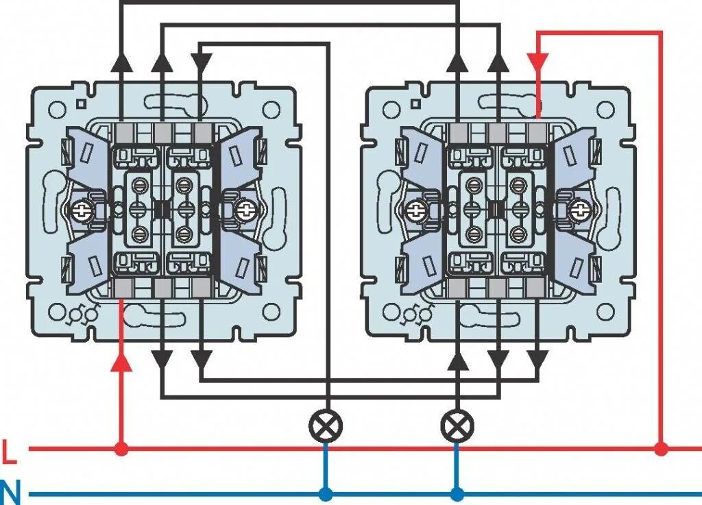 Соединение двух выключателей. Схема двухклавишного проходного выключателя Шнайдер. Схема подключения двухклавишного проходного выключателя Шнайдер. Схема подключения двойного проходного выключателя Шнайдер. Двойной проходной выключатель Schneider схема.