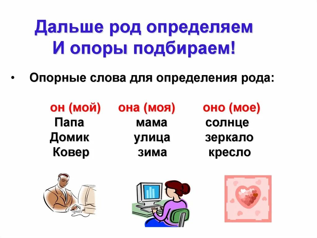 Слово люди определить род. Опорные слова. Опорные слова существительных. Слова для определения рода. Далекой какой род.