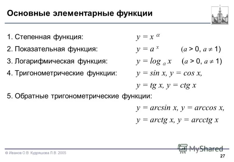 Область определения элементарных функций. Область определения элементарных функций