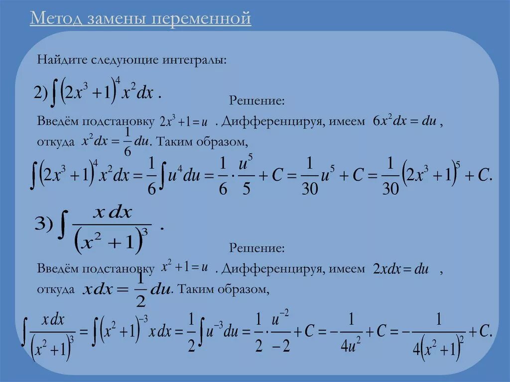 Определить метод интегрирования. Метод замены интегралов. Интегрирование методом замены переменной примеры. Вычисление неопределенных интегралов методом замены переменной. Вычислить неопределенный интеграл методом замены переменной.