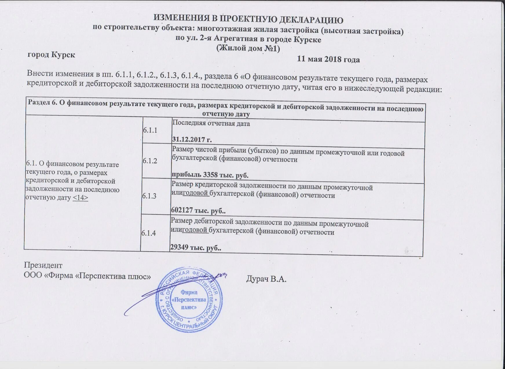 Внесение изменений в проектную декларацию
