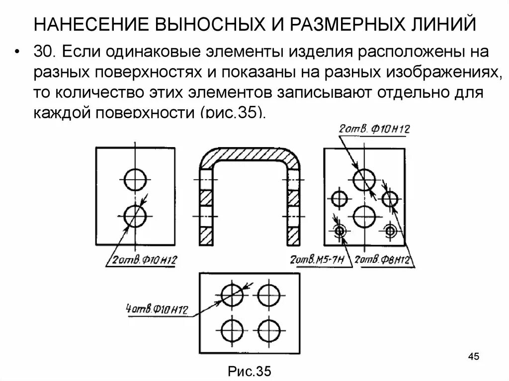 Количество деталей в изделии. Нанесение выносных и размерных линий. Выносной элемент. Простановка размеров одинаковых элементов. Простановка размерных чисел рисунки.