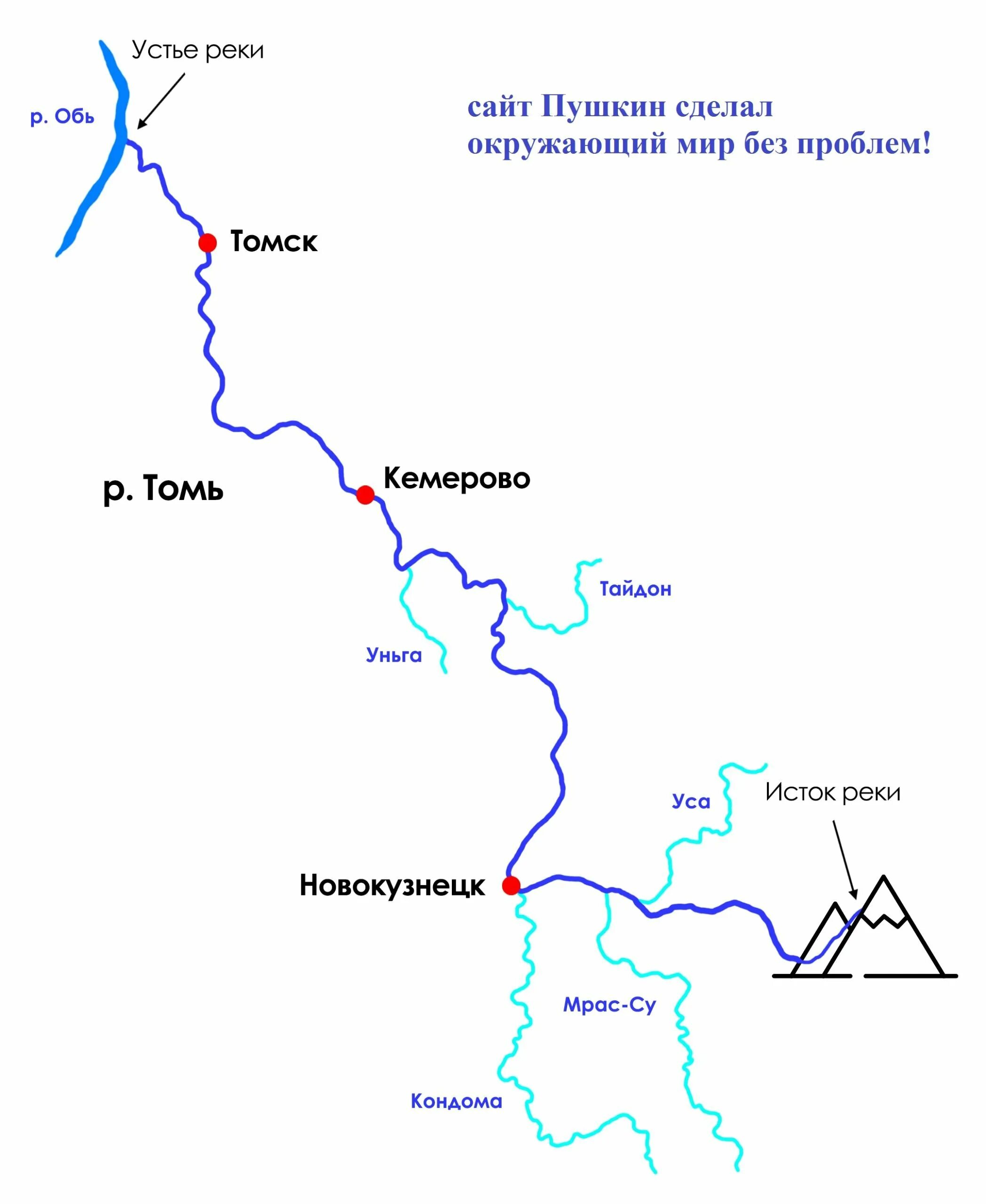 Откуда берет начало томь. Схема реки Томь Кемеровская область. Омь река Исток и Устье на карте. Схема реки Обь. Река Томь впадает в Обь на карте.