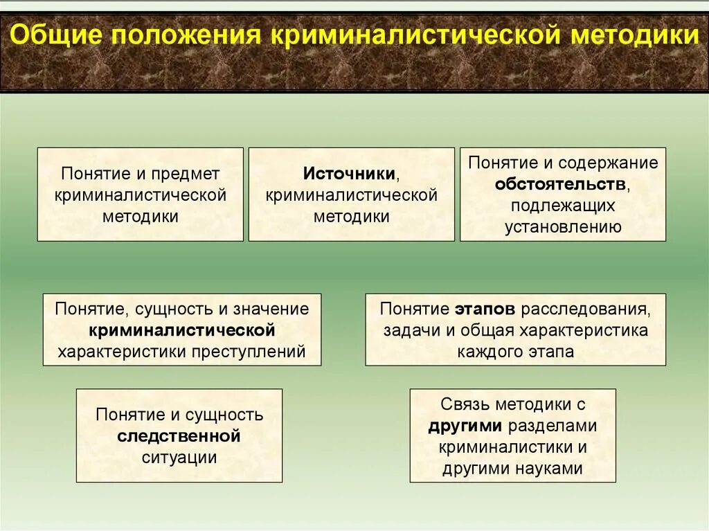 Общие положения методики расследования преступлений. Общие положения криминалистической методики. Общие положения методики расследования отдельных видов преступлений. Криминалистическая характеристика преступлений. Характеристика криминалистической методики