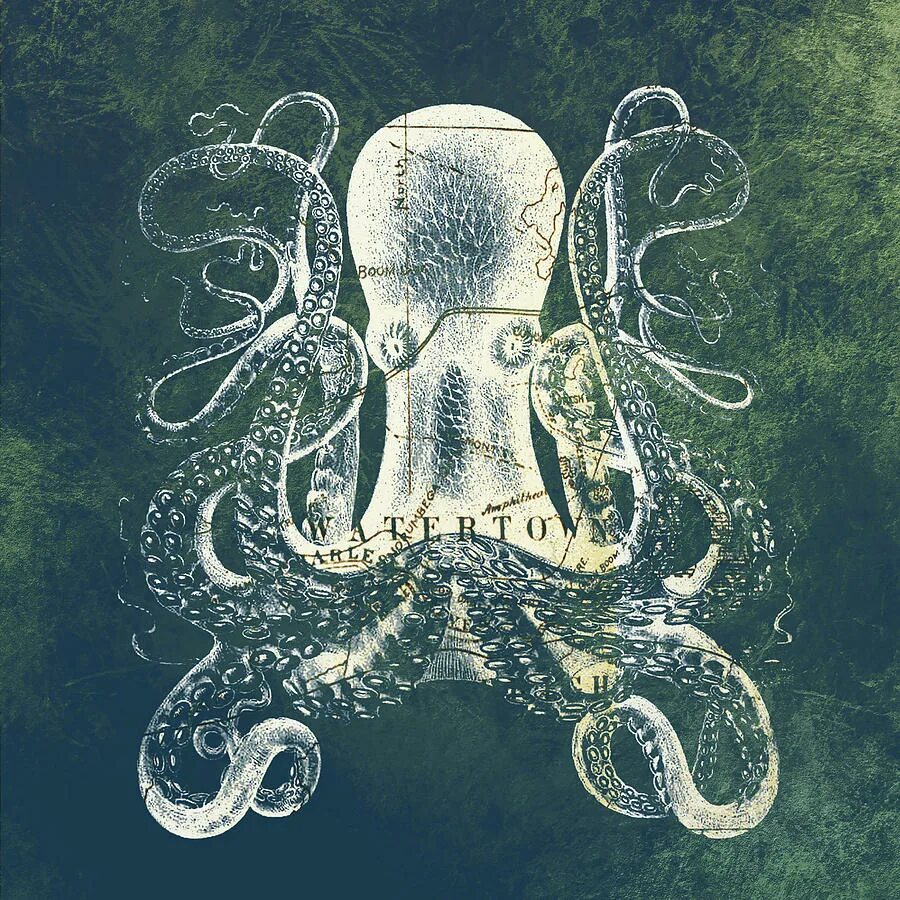 Осьминог Винтаж. Осьминог на карте. Octopus Digital Art.