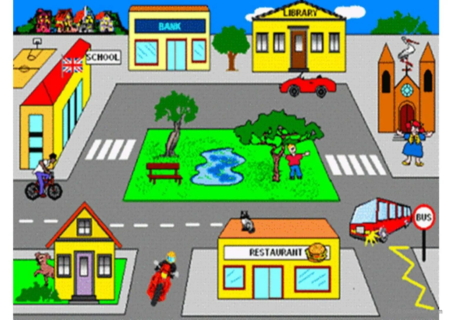 Go around the city. План города для детей. Картинка города для описания. Places in Town для детей. Картинка улицы для описания.