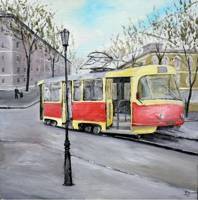 Город трамвай детвора. Трамвай живопись. Транспорт в картинах художников. Городской пейзаж с трамваем. Трамвай иллюстрация.