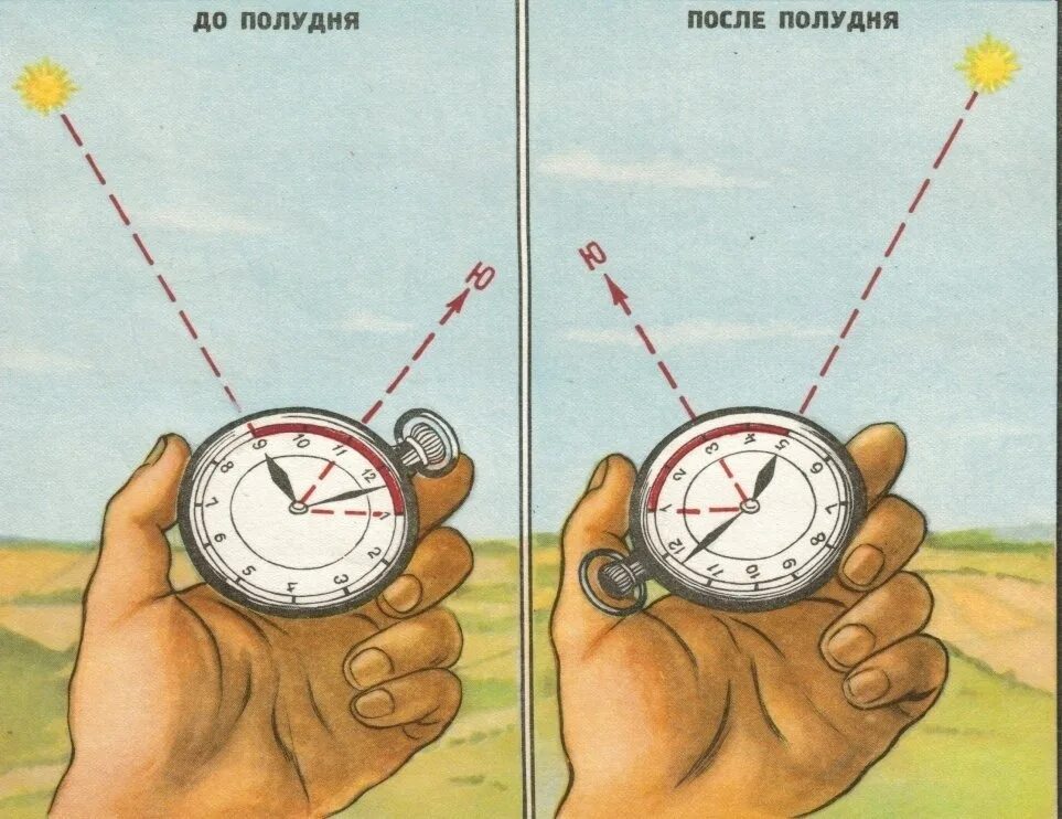 Как определить без часов. Ориентирование на местности по часам. Как ориентироваться по солнцу и часам. Способы ориентирования компаса. Определить стороны света по часам и солнцу.