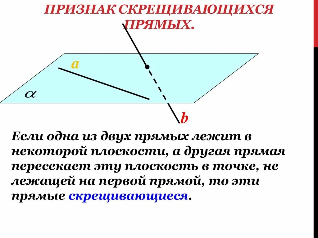 Сформулируйте теорему о скрещивающихся прямых. 1. взаимное расположение двух прямых. угол между прямыми.. взаимное расположение прямых в пространстве угол между прямыми. взаимное расположение двух прямых в пространстве. случаи взаимного расположения прямых в пространстве.