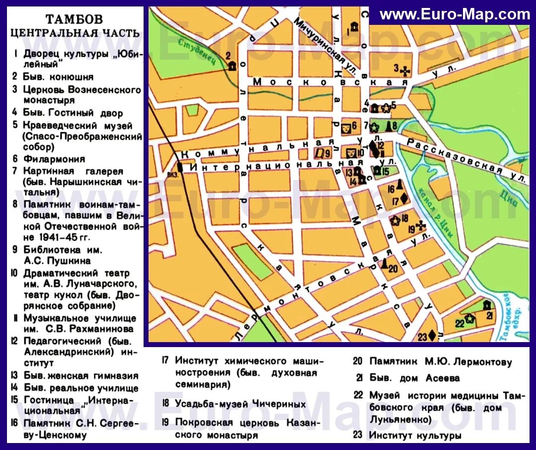 Местоположение транспорта в городе тамбове. Карта центра Тамбова с достопримечательностями. Карта г Тамбова с улицами. Карта Тамбова центр. План города Тамбова.