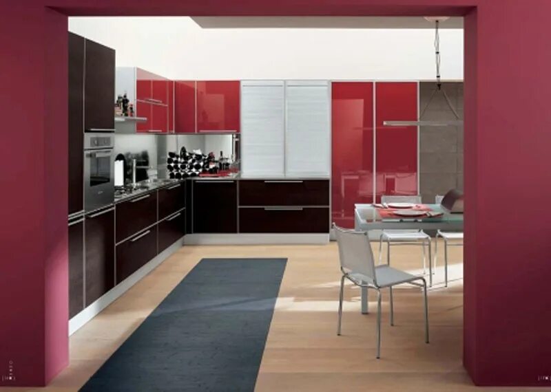 Сочетание цветов в интерьере бордовой кухни Country kitchen with burgundy cabinetry Kitchen interior, Kitchen decor inspirat