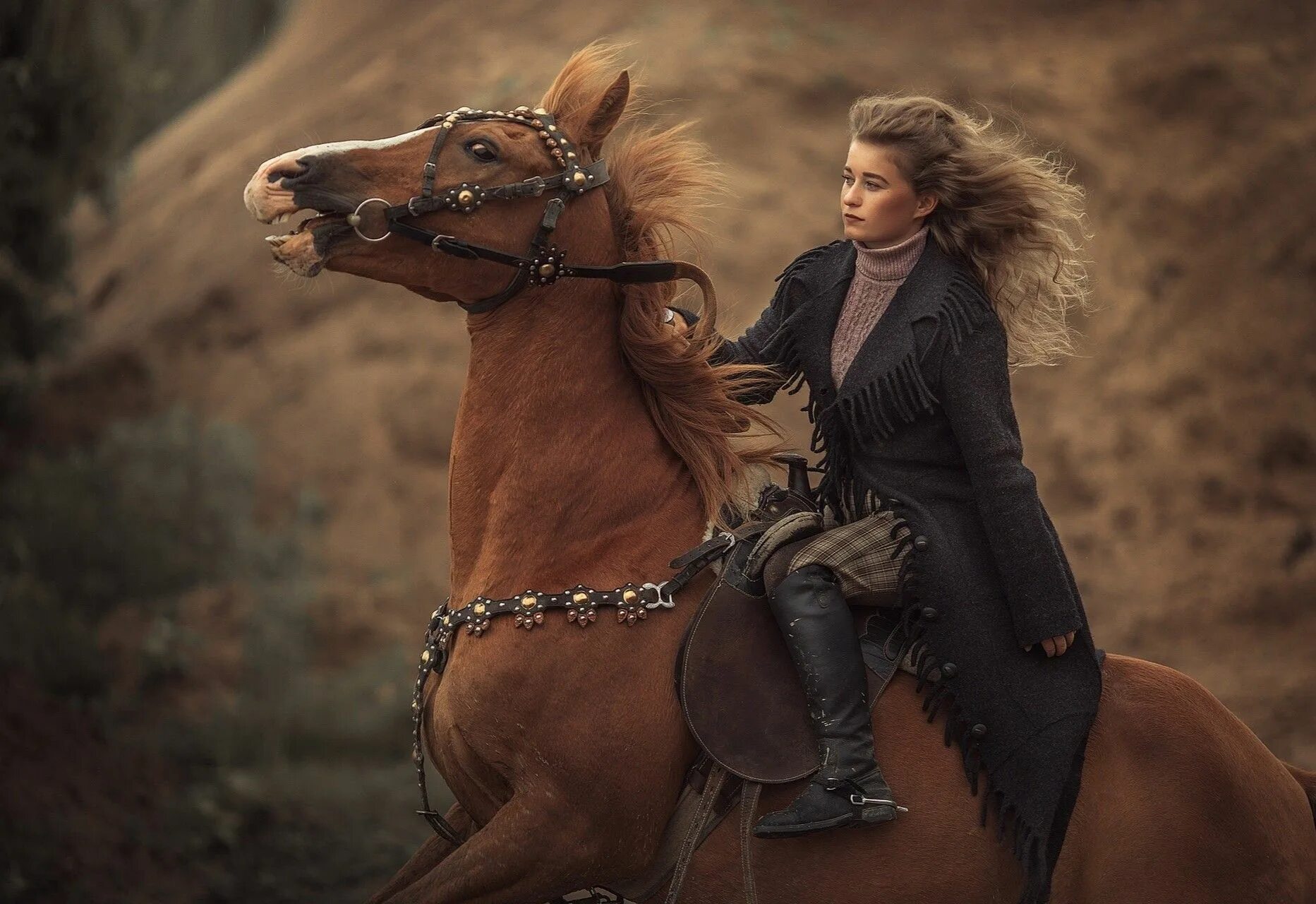 Девушка на коне. Фотосессия с лошадьми. Красивая женщина на коне.