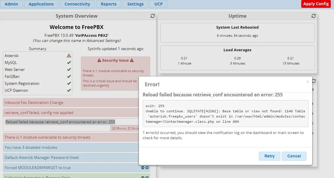 Fail load config. Ошибка 255. retrieve failed. reload configuration. failed to retrieve error information.