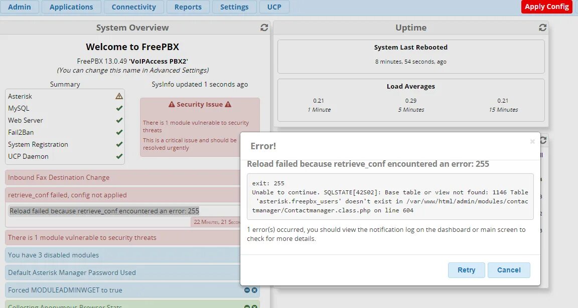 Fail load config. Ошибка 255. Retrieve failed. Reload configuration. Failed to retrieve Error information.