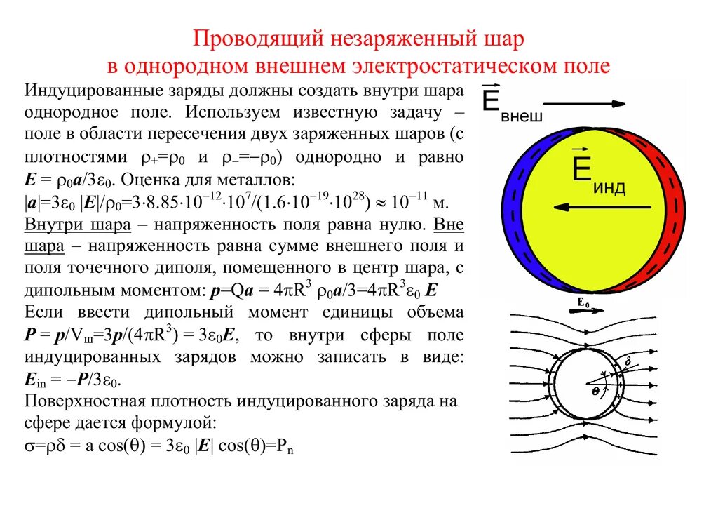 Незаряженный проводящий шар помещают. Диэлектрический шар в однородном электрическом поле. Проводящий шар в однородном поле. Металлический шар в электрическом поле. Заряженный проводящий шар.