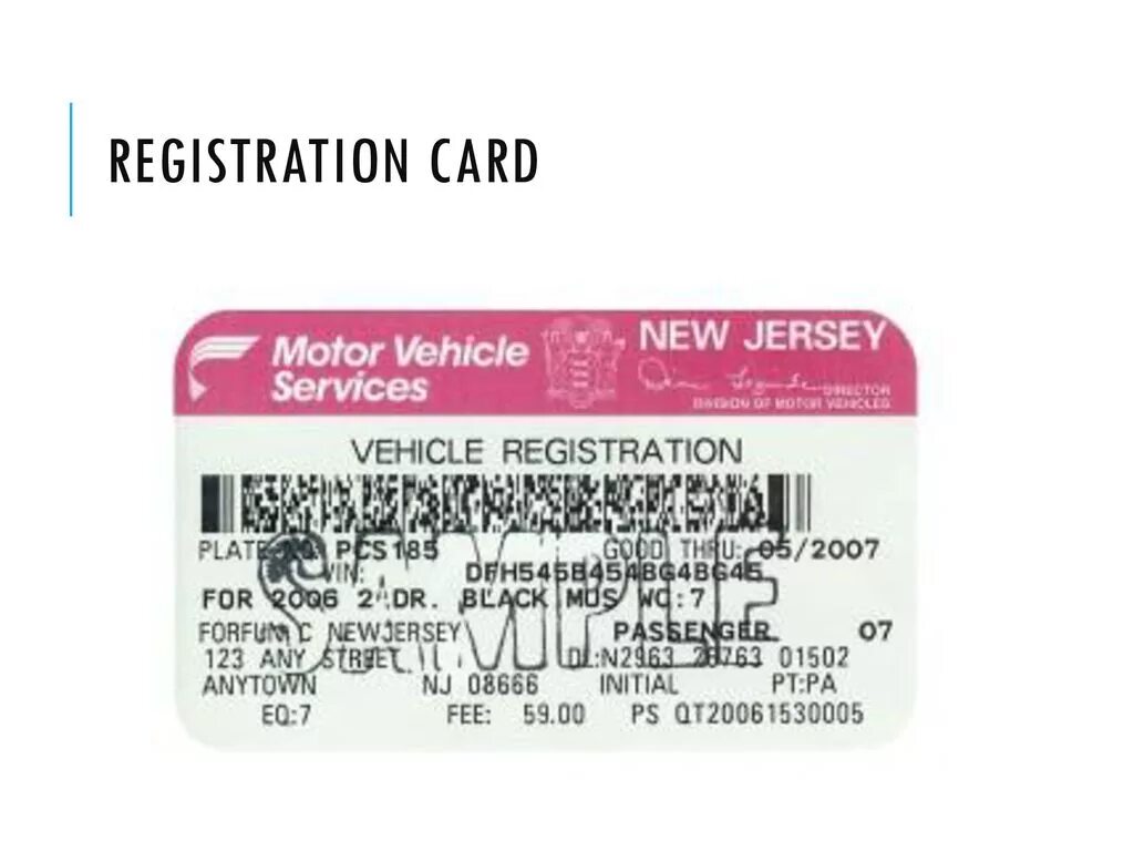 Vehicle Registration Card. Yamaha Registration Card. NJ Motor vehicle Registration Card. DMV Registration Card.