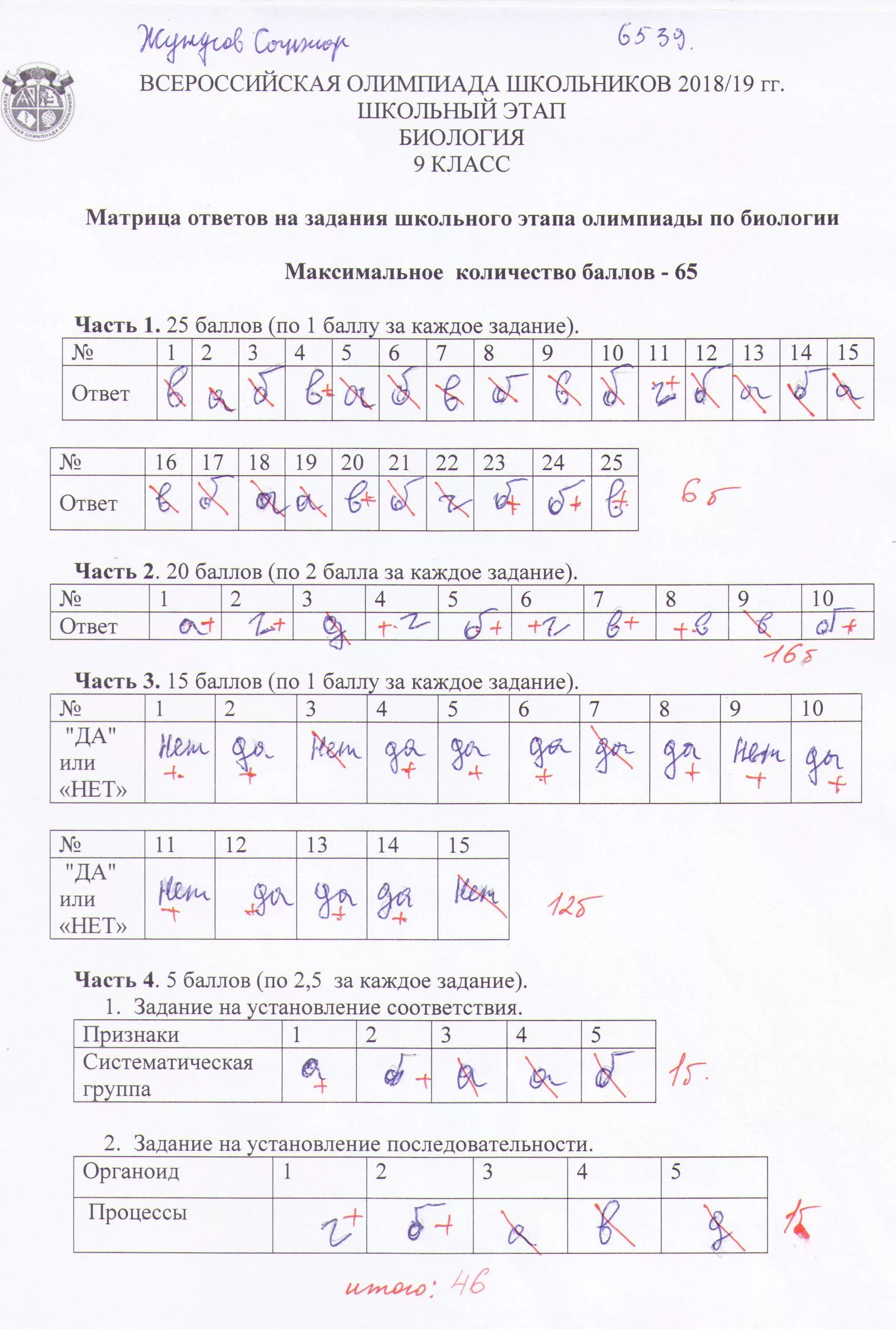 Ответы по олимпиаде по биологии 7