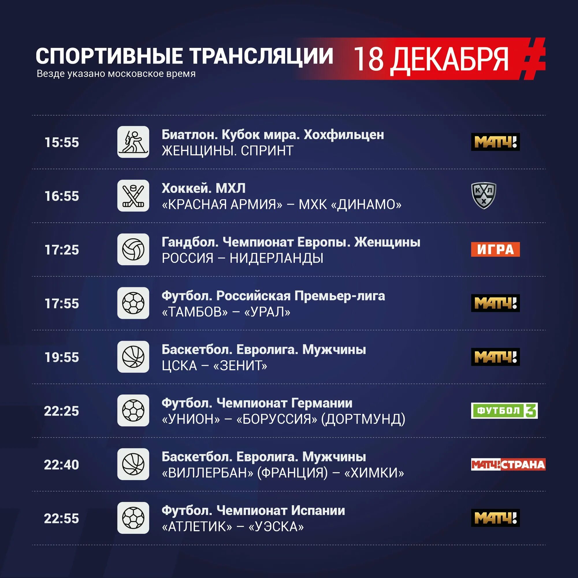 Биатлон россии расписание гонок и трансляции. Спорт ТВ программа 18 декабря.