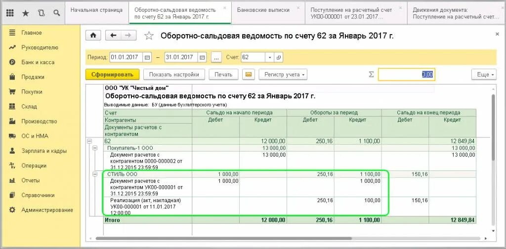 Оборотно-сальдовая ведомость по счету 62 в 1с. Осв по счету 62.1. Осв по 62 счету в 1с предприятие. 1с Бухгалтерия оборотно сальдовая ведомость. Разнести счета в 1с