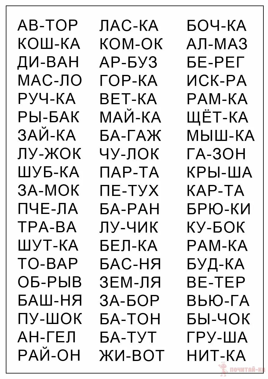 Слова для чтения ребенку 5 лет. Слоги и слова для чтения дошкольникам. Лёгкие слова для чтения детям. Читаем слоги и слова для детей 5-6 лет.