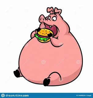 Fat Pig Eats Fast Food Hamburger Cartoon Illustration Coloring Page.