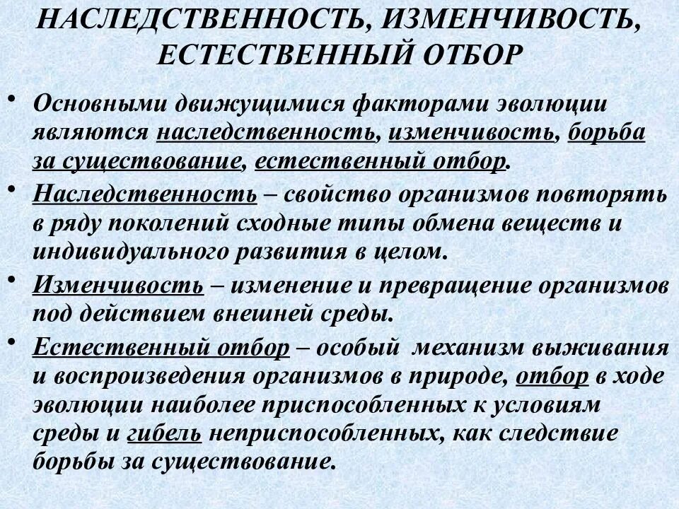 Главным фактором эволюции является. Движущие силы эволюции наследственность. Изменчивость, наследственность и отбор. Наследственность и изменчивость движущие силы эволюции. Наследственность изменчивость естественный отбор.