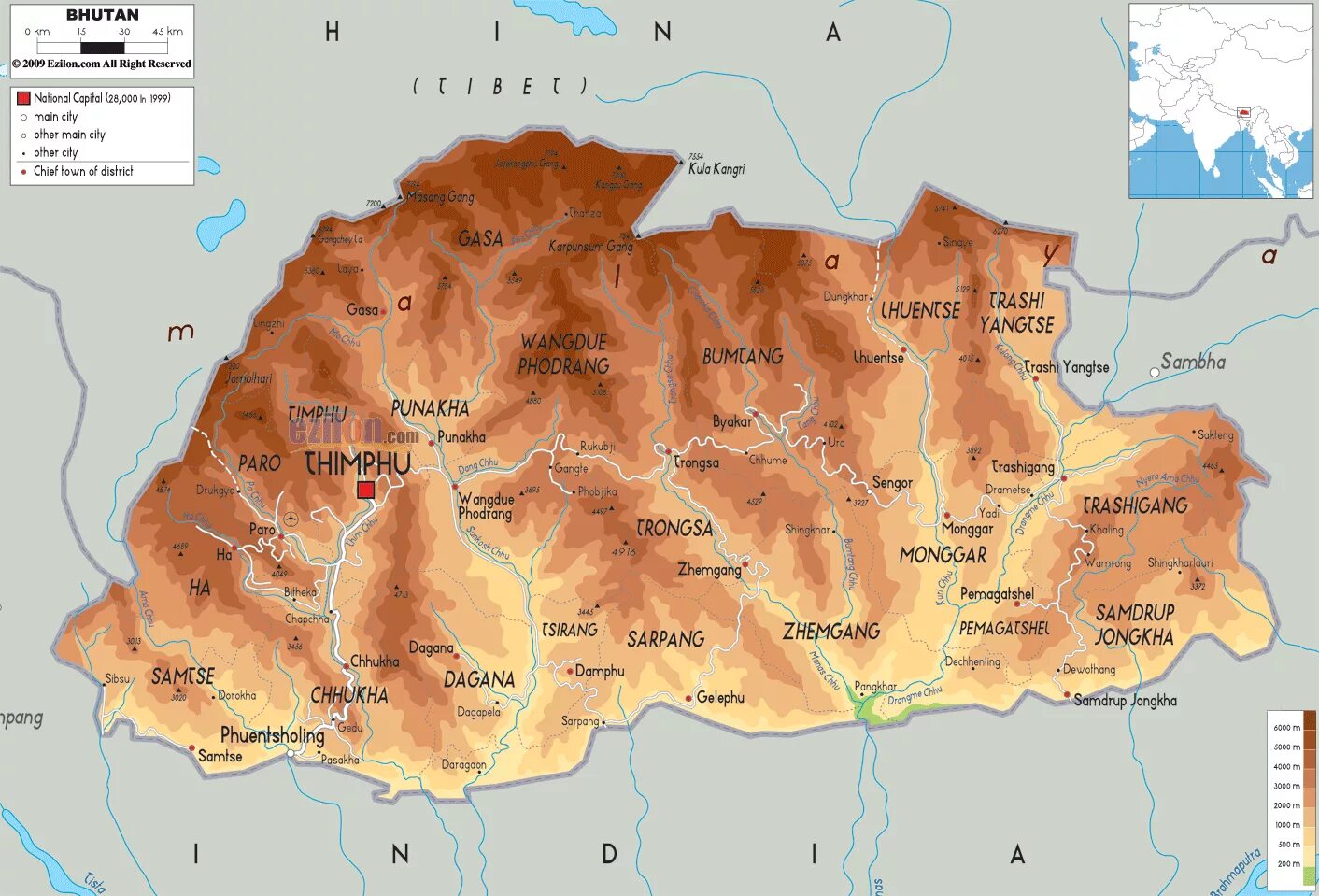 Цар бутан прогноз. Бутан карта географическая. Физическая карта бутана. Королевство бутан на карте.