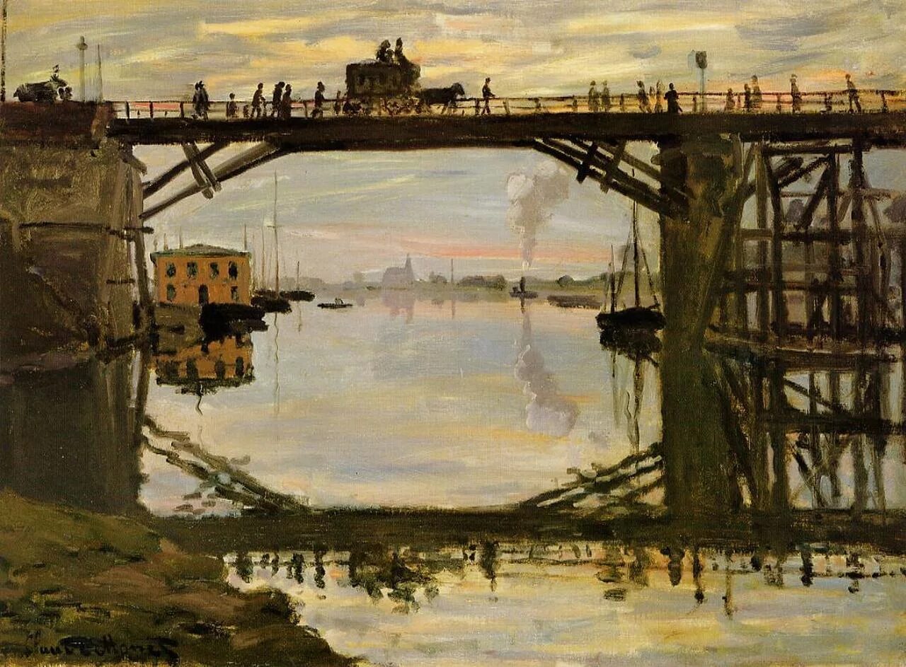 Картина мост. Клода Моне • «деревянный мост» (1872). Моне Клод 1872 the Pont neuf. Железнодорожный мост в Аржантее.