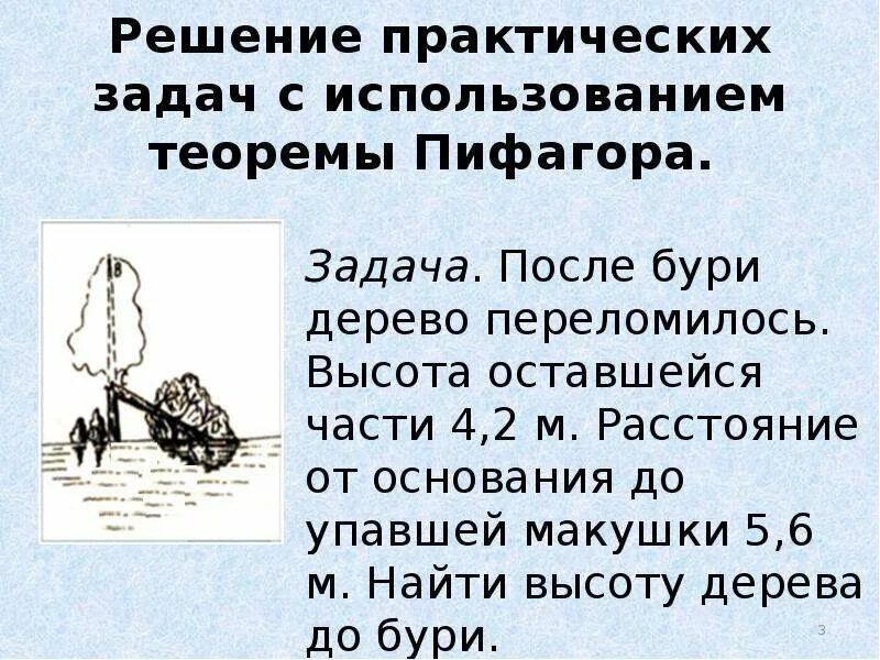 Задание после бури. Задача после бури дерево переломилось высота оставшийся части 4,2. практическое применение теоремы пифагора задачи. задачи на обратную теорему пифагора. после бури сломалась ель высота оставшейся части.