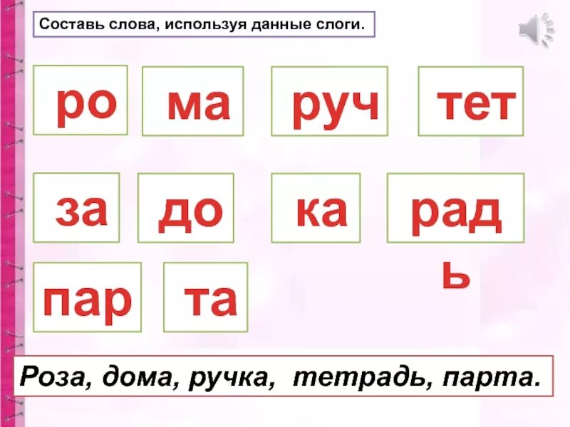 Составить слово из слогов данных. Слог как минимальная произносительная единица. Слоги в словах розы.