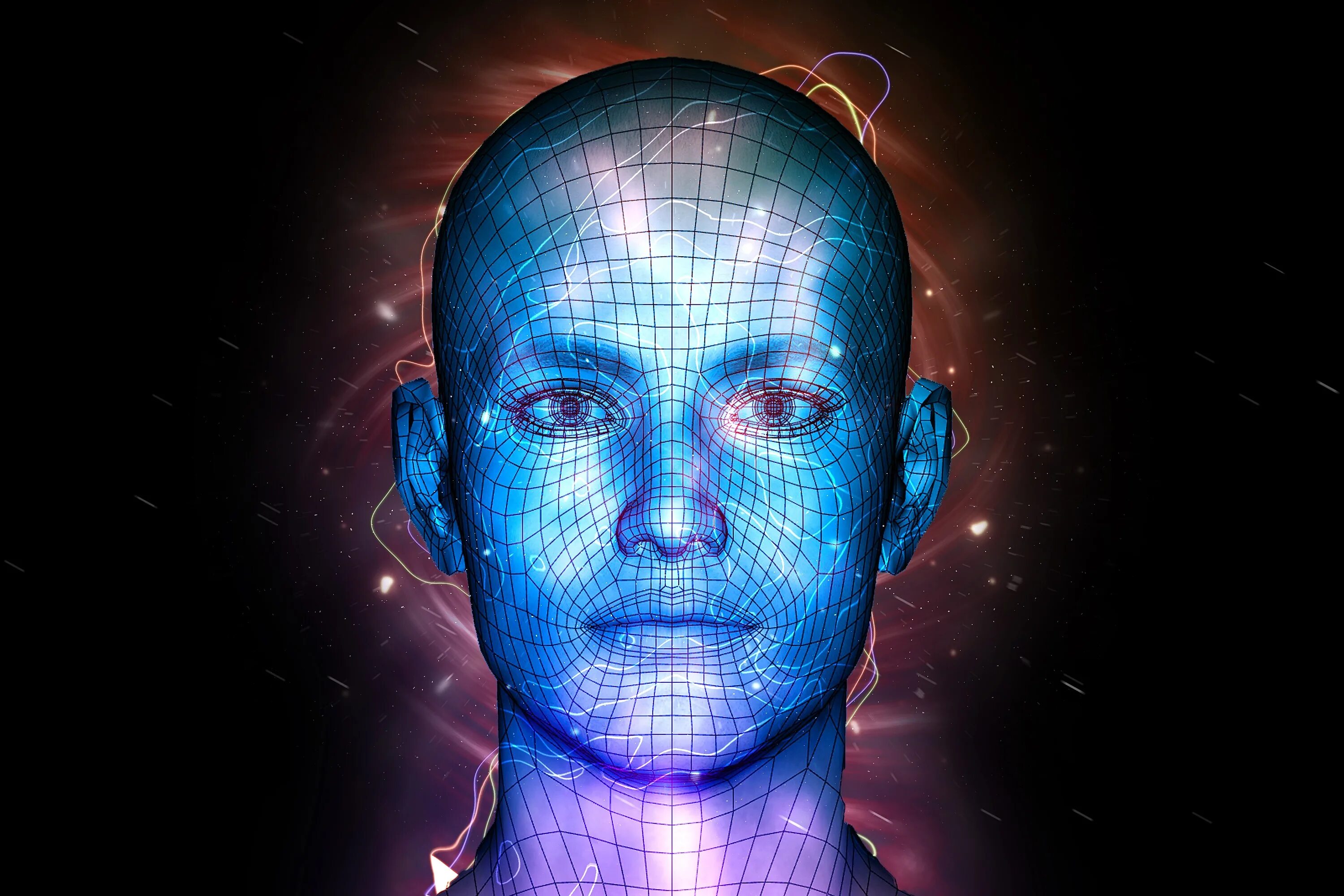 Лицо искусственного интеллекта. Голограмма человека. Цифровая голограмма человека. Голографический образ человека.