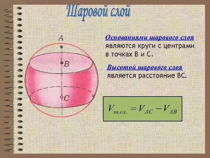 Основания шарового слоя. Объем шарового слоя формула. Площадь шарового слоя. Площадь поверхности шарового слоя.