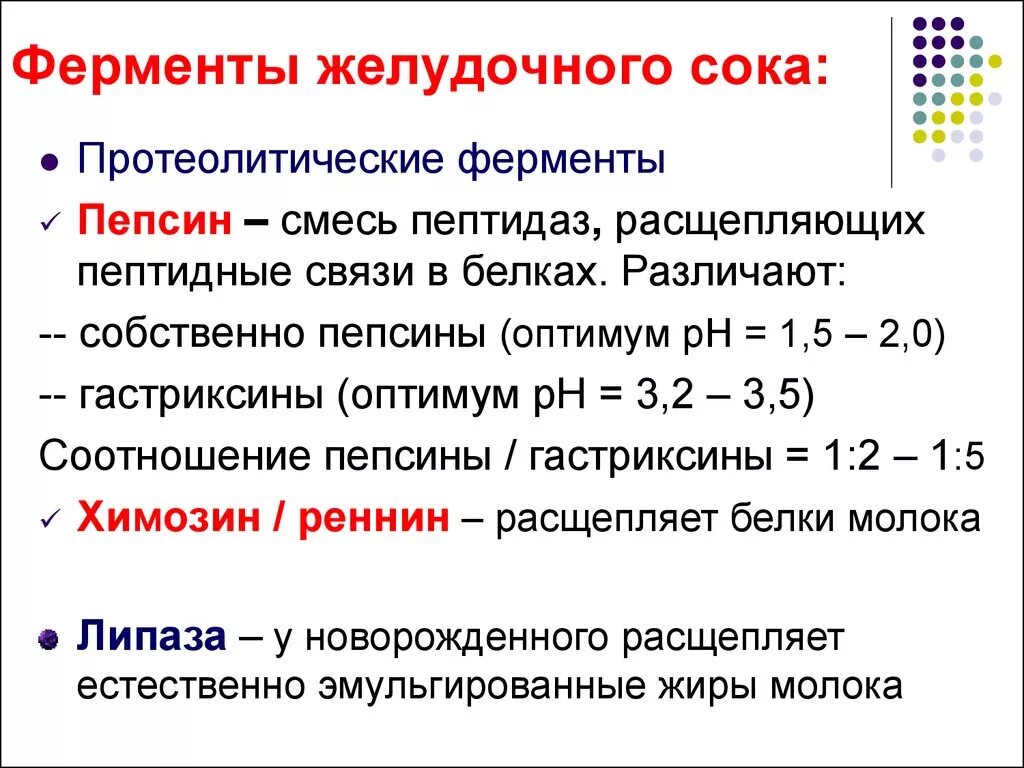 Ферменты желудочного сока желудка. Фактор активации ферментов желудочного сока. В желудочном соке содержатся ферменты:. Протеолитические ферменты желудочного сока. Неактивная форма ферментов желудочного сока.